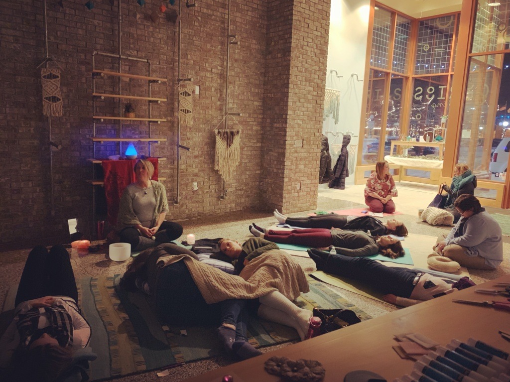 Group of Women Meditating Living Healthy Lifestyle In Downtown Grand Forks North Dakota