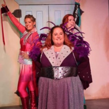 Amy-Driscoll-GGFCT-women-pose-on-stage-in-disco-costumes three women in disco costumes pose in Grand Forks theater