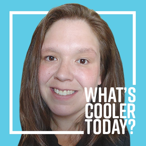 WCT-Jennifer Grand Forks writer of 'What's Cooler Today?' Author Jennifer in front of Blue Background
