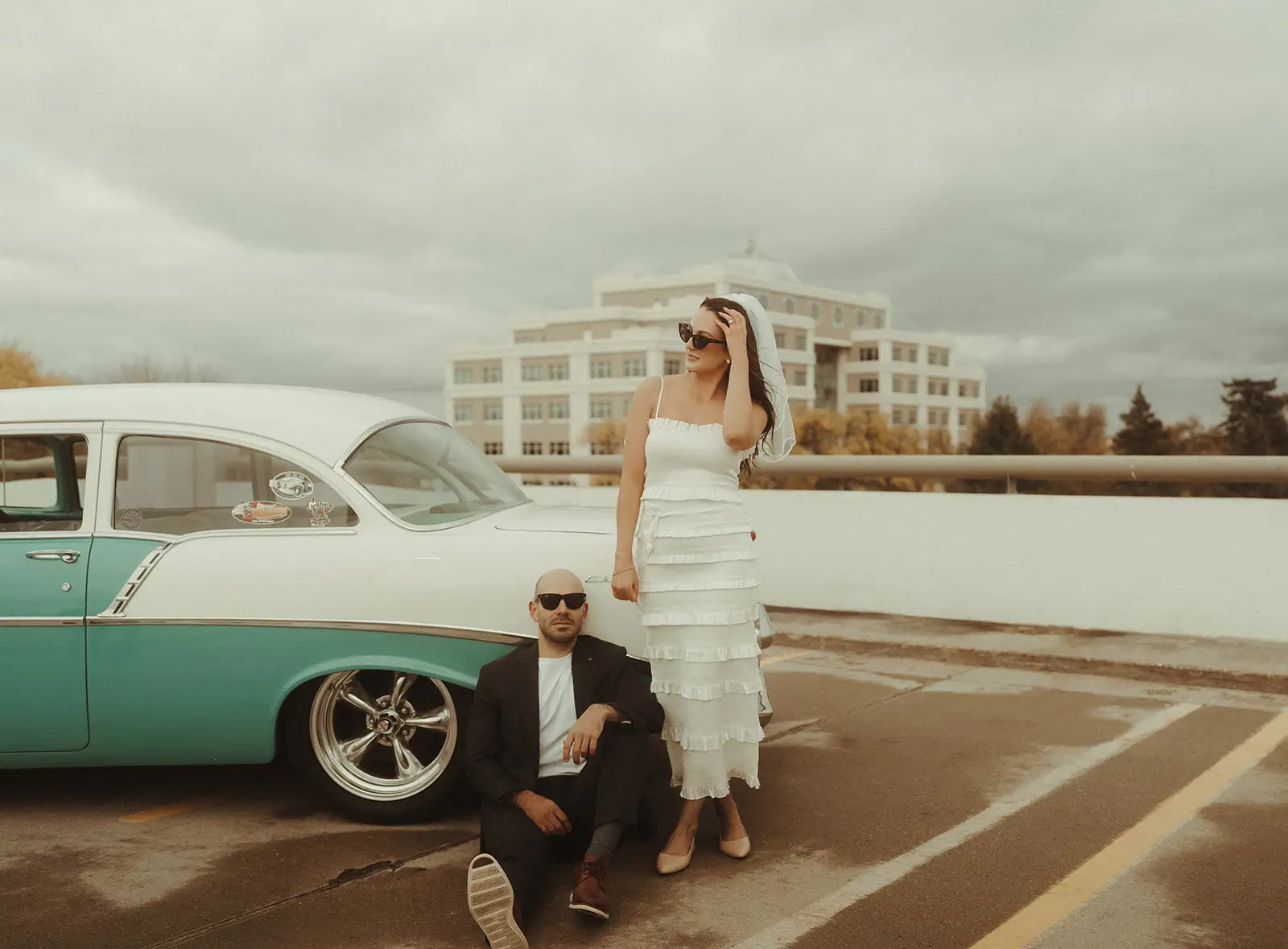 Engagement-Downtown-Vintage-Car-Grand-Forks Engagement photoshoot in parking ramp in Downtown Grand Forks