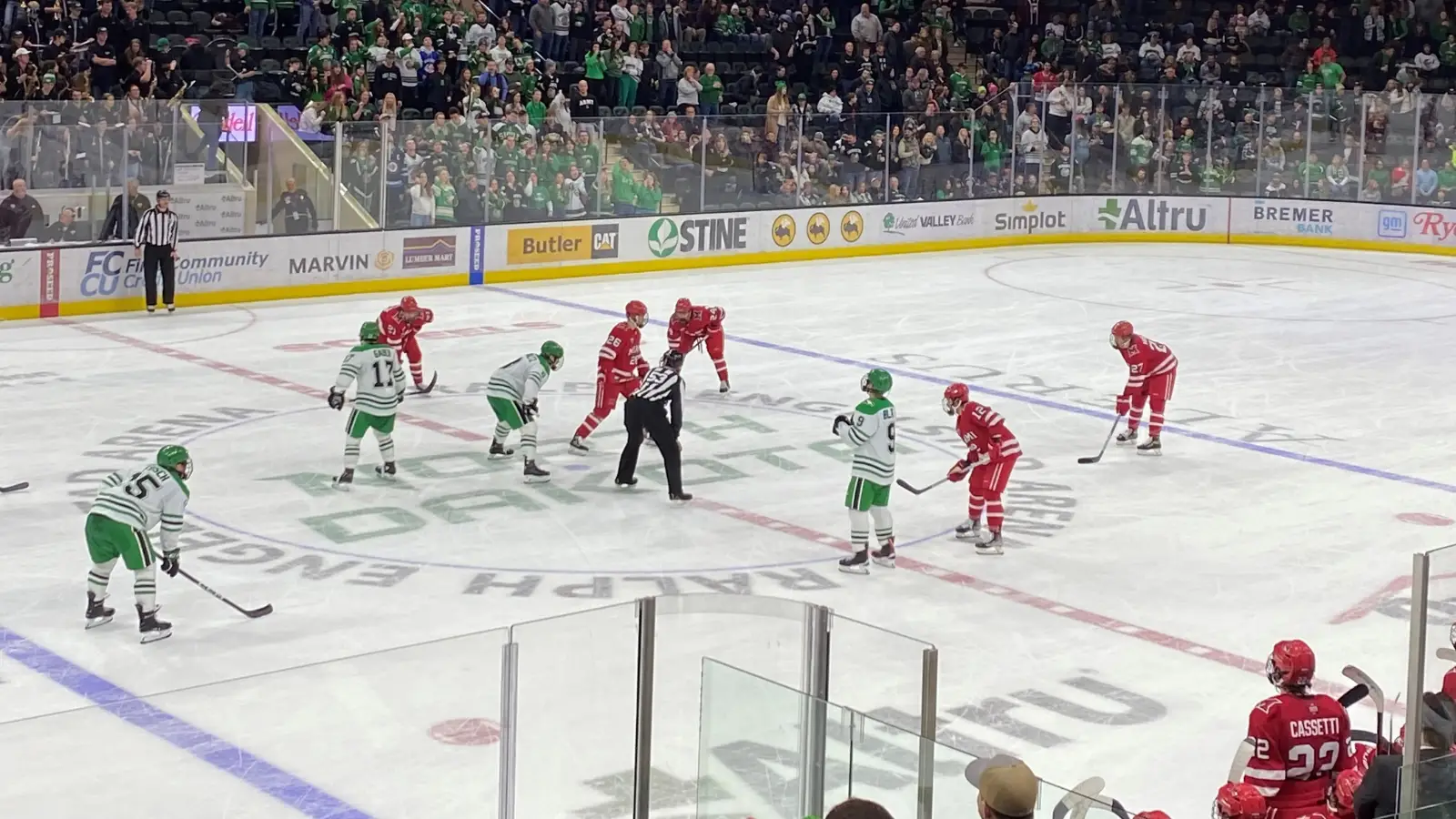 Grand-Forks-Hockey Grand Forks UND Hockey players on the Ice at the Ralph Englestad Arena