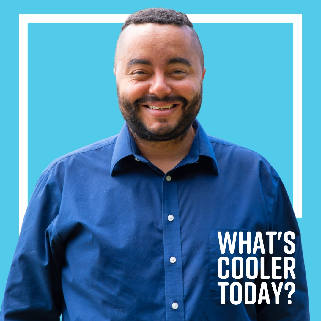 "What's Cooler Today?" author Ken in front of blue background.
