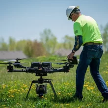 UAS-small-drone UAS small drone in a field with a man in a bright green shirt in Grand Forks.