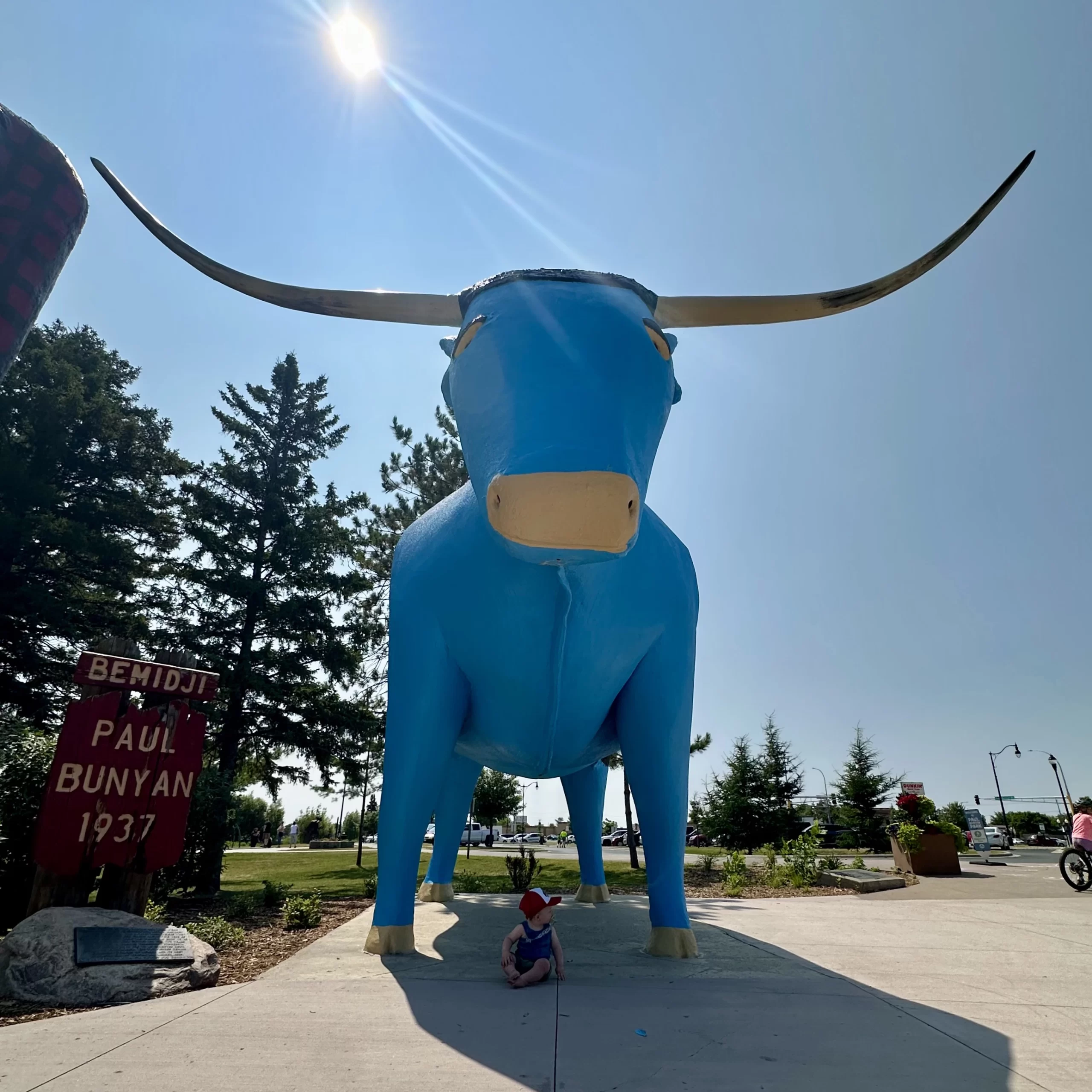 bemidgi-day-trip-from-grand-forks Blue Ox statue with baby underneath in Bemidji from 1937.