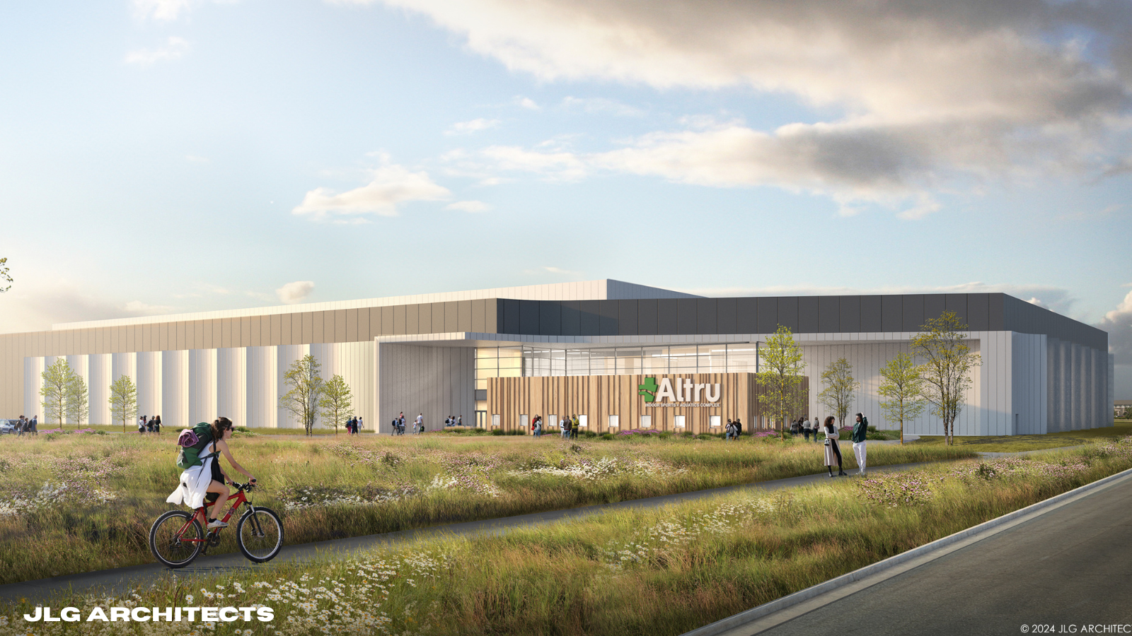 Altru Sports Complex Rendering JLG Renderings of the new altru sports complex being built. It is set in a field surrounded by tall grasses and has tall windows surrounding the exterior.