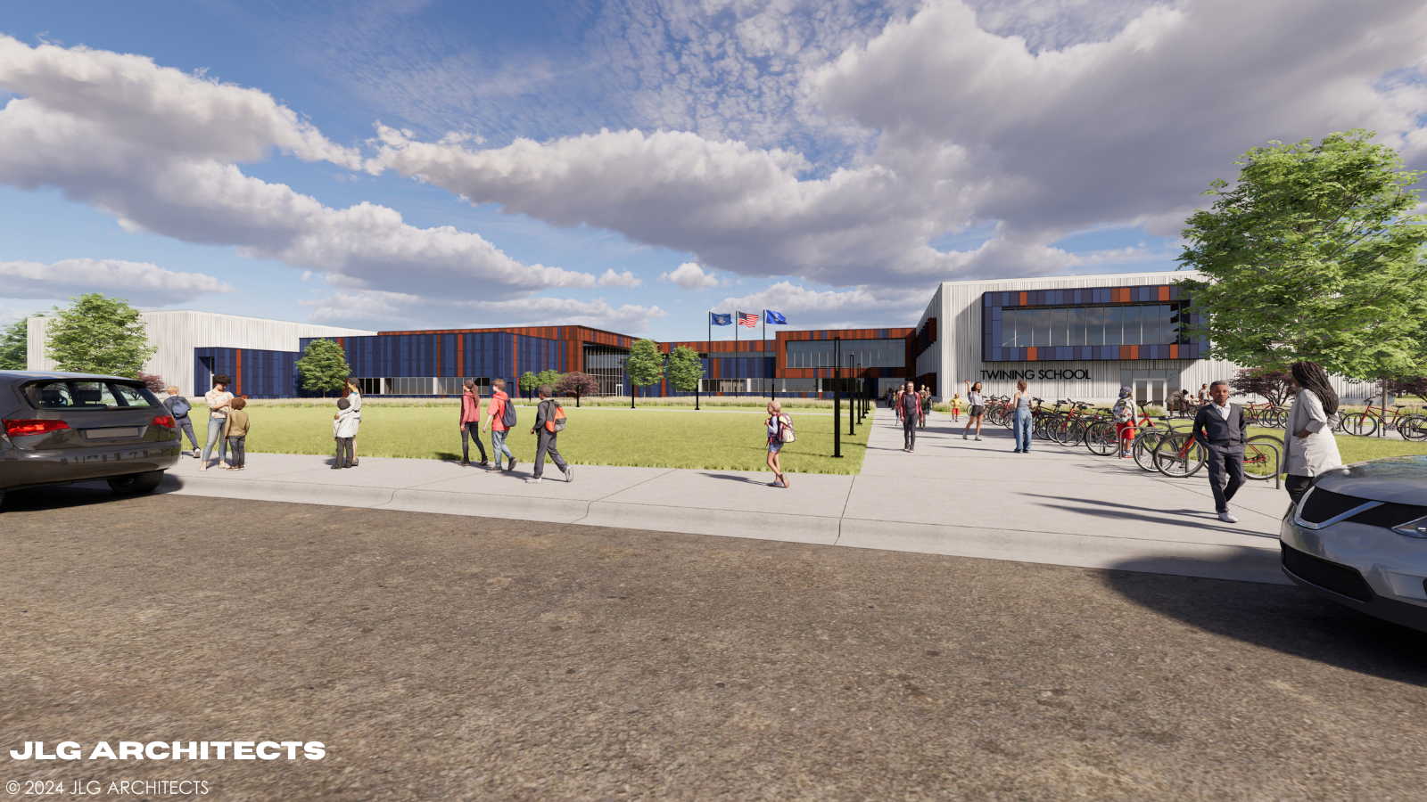 Twining School Photo A rendering image of what the new twining school in grand forks will look like. There are sprawling lawns and a large entrance.