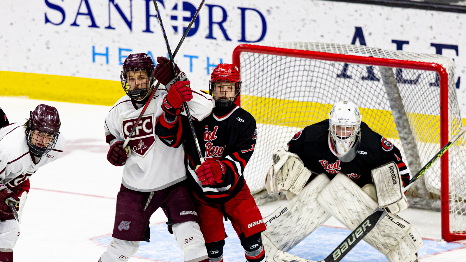 Hockey Red River vs. Central Hockey blocking and guarding the goalie in the Championship!