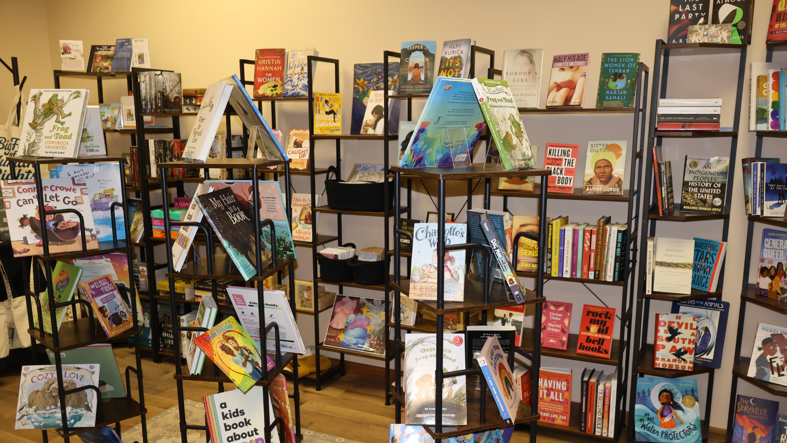 Gracie's Place Image Inside the cozy little Gracie's Place Bookstore, with the skinny shelves stocked full with colorful books!