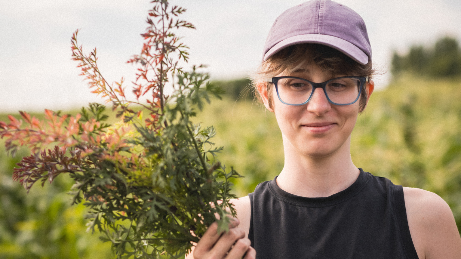 Author Shilo with carrots Author Shilo holds the top of some rainbow carrots after harvesting them and smirks at the camera.